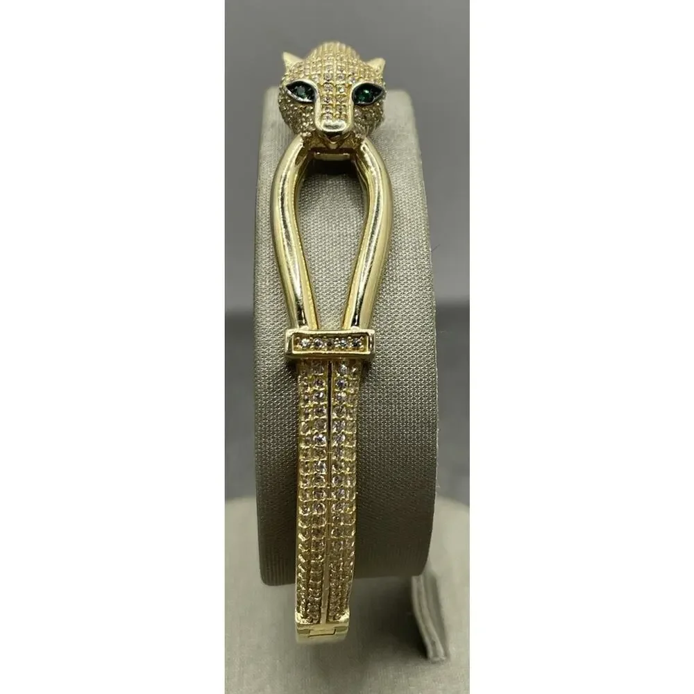14K Yellow Gold Panther W/ Green Eyes Bangle Style Bracelet (22065)